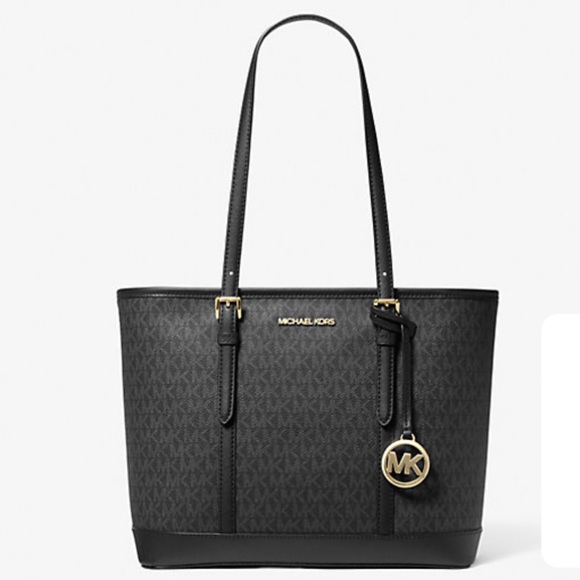 MICHAEL KORS 
Jet Set Travel  Logo Top-Zip Tote Bag BLACK SIGNATURE COLOR - Picture 4 of 14
